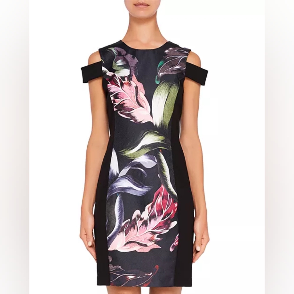 Black Floral Cold-Shoulder Sheath Dress - Picture 6 of 13